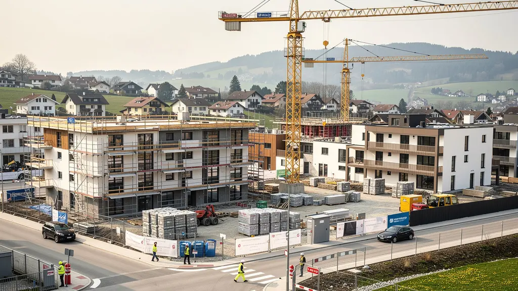 Chantier de construction résidentielle suisse avec immeubles neufs en zone périurbaine