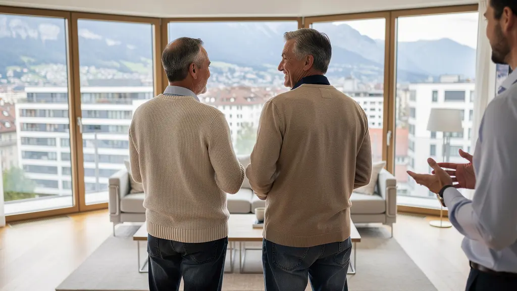 Couple visitant un appartement lumineux avec vue urbaine suisse et agent immobilier