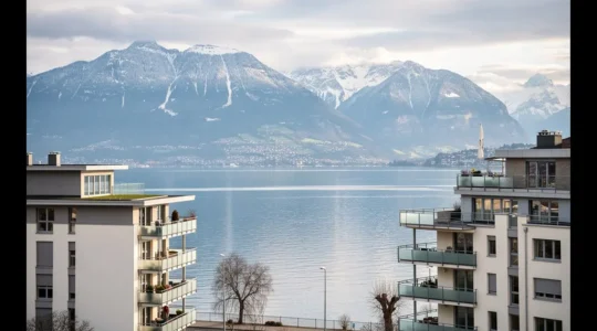 Vue panoramique lac Léman avec immeubles résidentiels modernes et Alpes suisses en arrière-plan