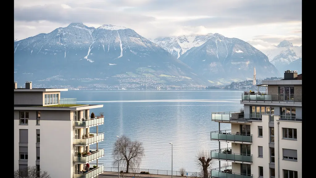 Vue panoramique lac Léman avec immeubles résidentiels modernes et Alpes suisses en arrière-plan